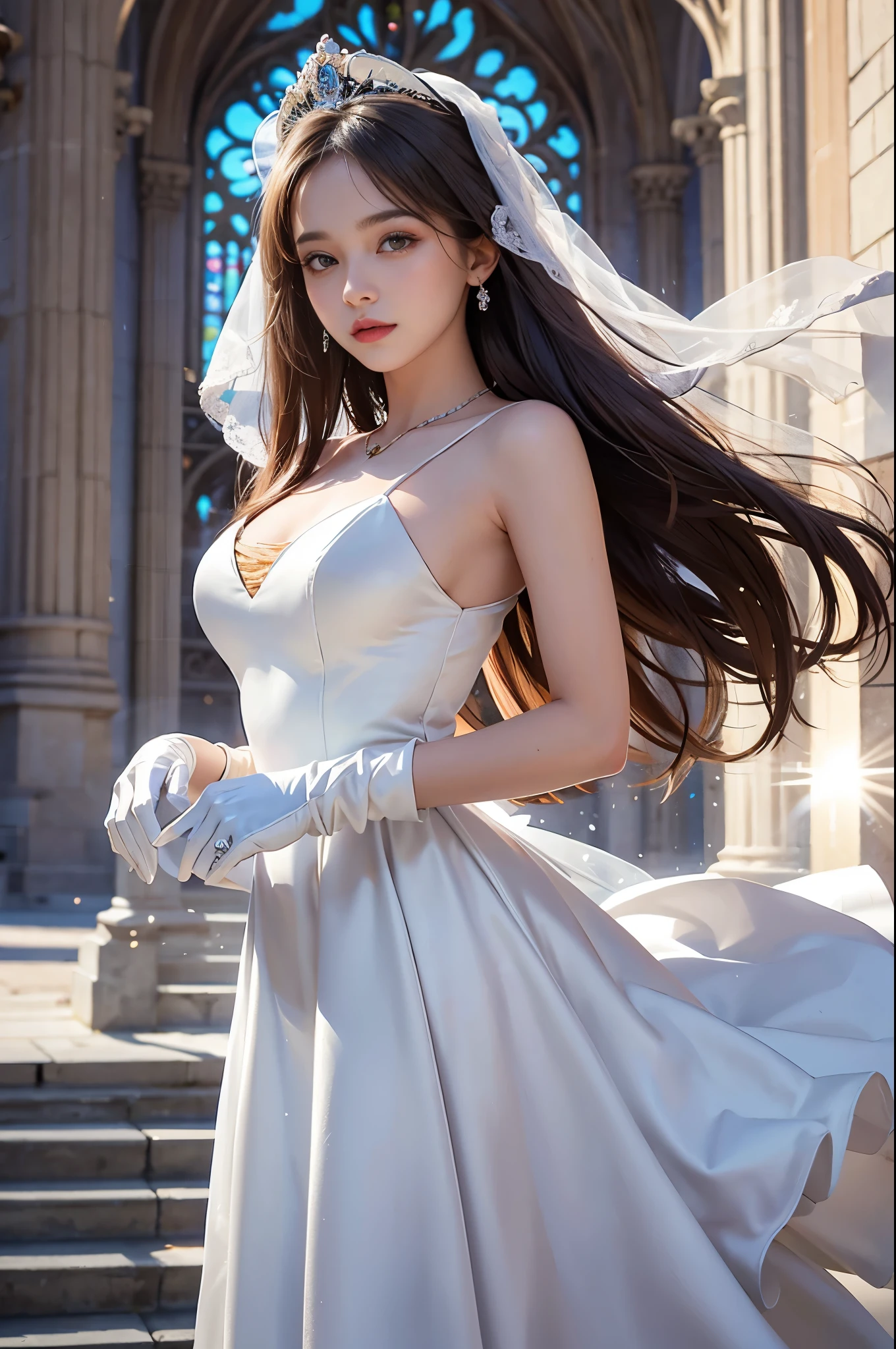 best quality, masterpiece, 1 girl, yak, cute teen, shiny lips, sweet, sun glare, Conservative attire, white gloves, bell-line wedding dress, Bridal tiara, depth of field, blurred background, Cathedral Background, light particles, strong wind, long hair, head tilt