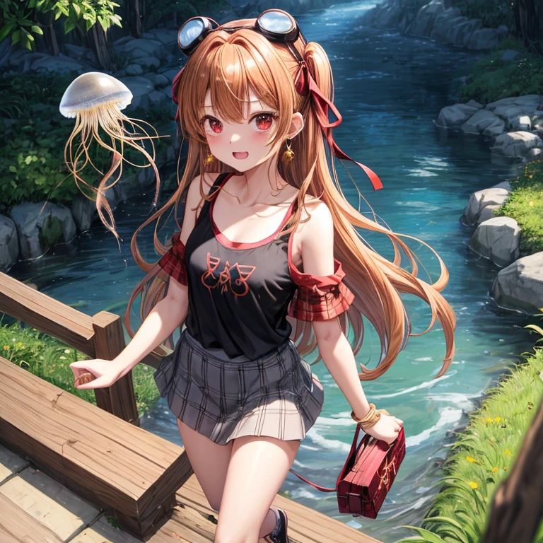 Brown, red, gold, golden hair、red eyes、one good looking girl、solo、anime、plaid mini skirt、black camisole、black t-shirt、hoodie、wearing a ribbon、ribbon at waist、Crystal Earrings、treasure石のネックレス、Light and shadow、Tilting face、teeth are visible、pillar、kind face、Kuroko、Diamond dust、grassland、Water running down the stairs、overflowing、Ants are walking、sulking、is increasing、treasure、Hope、wearing goggles on head、wearing headphones、jellyfish