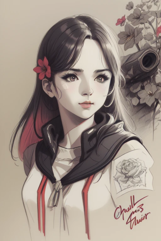 Charlie Bowater&#39;s realistic lithographic sketch portrait of a woman, flowers, [Equipment], pipe, diesel punk, Multicolored ribbons, old paper texture, very detailed