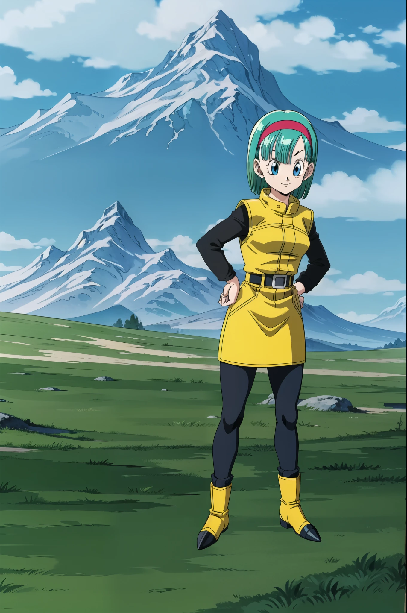 namek saga, bulma, 1girl, solo, breasts, looking at viewer, smile, short hair, blue eyes, yellow dress, standing, full body, pantyhose, outdoors, sky, belt, cloud, black pantyhose, aqua hair, green sky, namek background, hands on hips, mountain, red hairband, yellow boots, socks, blue grass, long sleeves
 