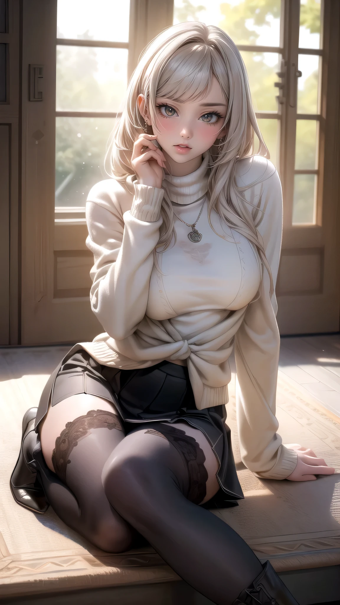 (random porn pose),(Highest image quality,(8k),ultra-realistic,best quality, high quality, high definition, high quality texture,high detail,beautiful detailed,fine detailed,extremely detailed cg,detailed texture,a realistic representation of the face,masterpiece,Sense of presence),sweater,tight mini skirt,stockings,Engineer boot