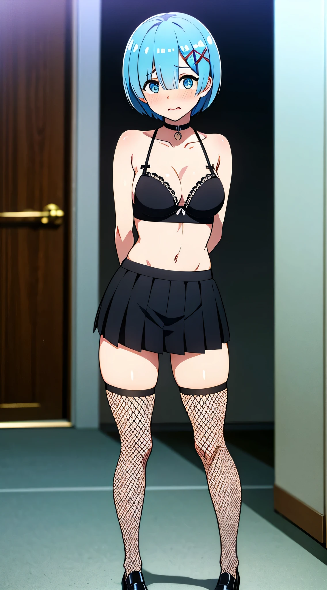1girl, masterpiece, rem rezero, cyan hair, blue eyes, detailed eyes, orgasm face, black bra, dark miniskirt, fishnet, bikini oufit, arms behind back, standing on the balcony, legs apart, looking at the viewer, choker, kinda cute, embarrassed