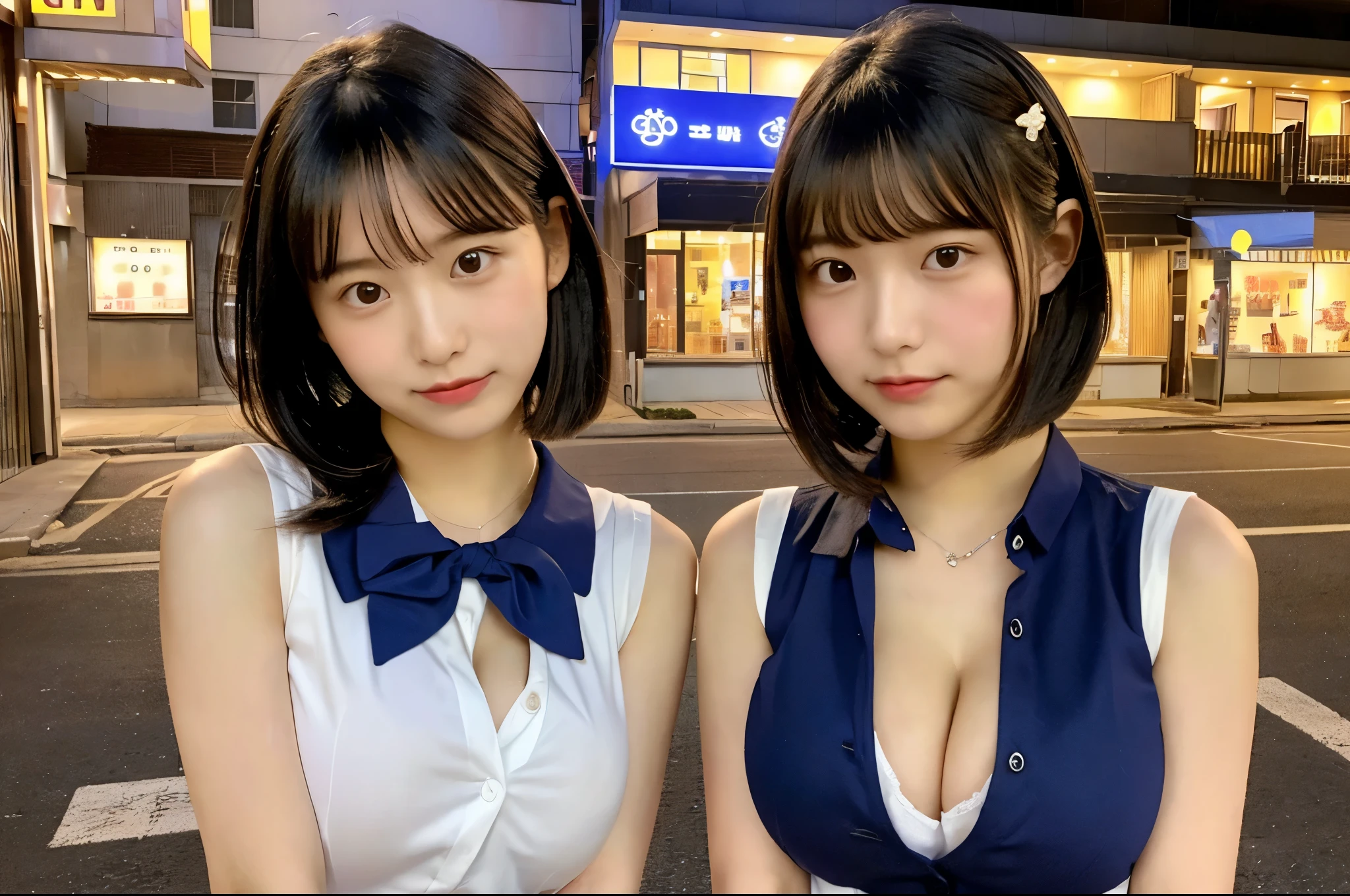 sleeveless uniform Love Friends High School Girls (Surprisingly very cute:1.3) love hotel town (Hotels for sex:1.3) Elegant features White cotton shirt big breasts Super detailed super high quality super high quality surreal photograph 3 Japanese girls (Each girl has a different hairstyle randomly、different face:1.3) Fair skin ((half-open lips:1.3)) beautiful and soft skin ((Beautifully styled straight short hair)) beautiful and perfect body very cute A beautiful and transparent young man々new skin 16 years oldl girl wearing a sleeveless shirt) big breasts whole body everyday city busy city ((night)) viewer'perspective Front view (big breasts:1.3) (cleavage) (amazingly cute girl:1.3) (whole bodyポートレート)