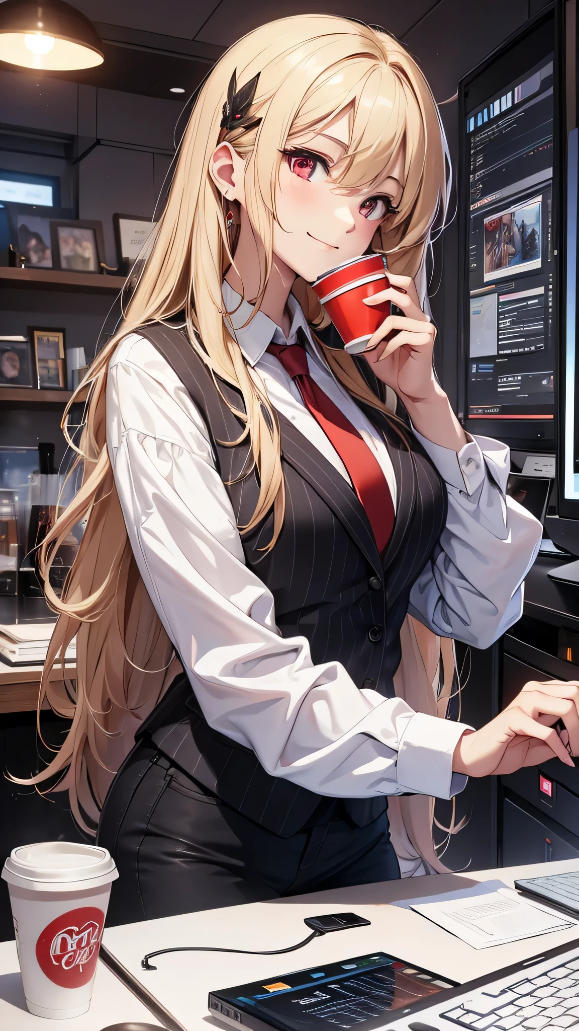 最high quality、best image quality、masterpiece、girl((18-year-old、 By becoming、vest bust、medium bust,wide open breast tea、red glowing eyes, blonde、messy hair、long hair、thin,highest valley、black suit、Blue tie、open chest、White wristband、smile、Leaning forward、hair ornaments、have a laptop、Angle from the side)),high quality、beautiful art、background((White computer room、Coffee cup))、Flight、debris flies、Depth of written boundary、movie、visual art、perfect art、8K,genuine、
