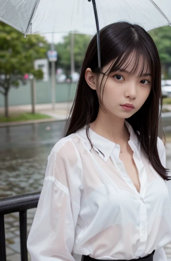 best quality, detailed, beautiful, insanely detailed, absurdres,perfect anatomy,
Japanese woman,black hair,27 years old,
(slender),
(small breasts best quality),
full body shot, city, grumpy, frowning, walking, (white see-through blouse), (black bra:1.1), (white skirt), with rain,Due to the pouring rain, my blouse and skirt are transparent, and I can see my black bra:1.1, from front, from above
