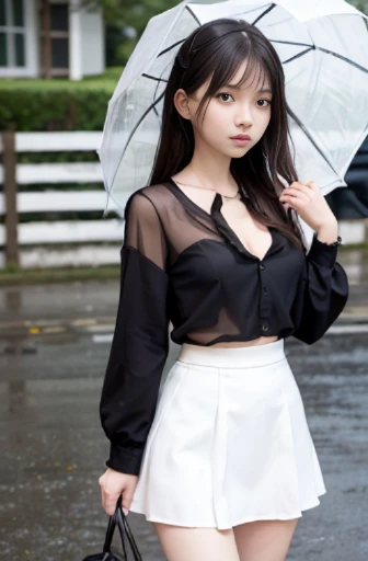 best quality, detailed, beautiful, insanely detailed, absurdres,perfect anatomy,
Japanese woman,black hair,27 years old,
(slender),
(small breasts best quality),
full body shot, city, grumpy, frowning, walking, (white see-through blouse), (black bra:1.1), (white skirt), with rain,Due to the pouring rain, my blouse and skirt are transparent, and I can see my black bra:1.1, from front, from above