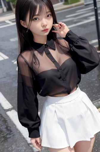 best quality, detailed, beautiful, insanely detailed, absurdres,perfect anatomy,
Japanese woman,black hair,27 years old,
(slender),
(small breasts best quality),
full body shot, city, grumpy, frowning, walking, (white see-through blouse), (black bra:1.1), (white skirt), with rain,Due to the pouring rain, my blouse and skirt are transparent, and I can see my black bra:1.1, from front, from above