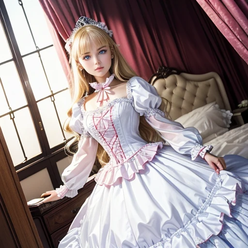 photo shoot,highest quality, masterpiece, highest resolution, artwork, (かわいいgirl),(),((white skin)),((blonde)),((blue eyes)),girlはお姫様です, girl,girl,((Victorian ball gown princess dress with lavish pink ruffles and bows and a voluminous full-length hoop skirt)),long sleeve,long dress,A dress with lots of frills and ribbons.,luxury, ((palace bedroom)), ((Huge luxury victorian canopy princess’s bed)), lots of frilly pillows,ruffle bed skirt,クオリティの高い美girl,High quality dress,High Quality Princess Bed,Are standing,STAND UP,((Lift up the skirt of your dress)),((A world without underwear)),((Lower body is naked)),(Showing Pussy,Realistic pussy),Spread your legs wide,from below,nffsw,