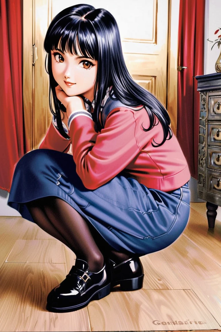 (masterpiece: 1.2, highest quality), realistic, (realistic Picture, intricate details, Depth of the bounds written), Hanabi, 1 girl, alone, pantyhose, black hair, dress, sitting, long sleeve, Put your own hands together, black dress, looking at the viewer, black footwear, black pantyhose, shoes, smile, traditional media, full body, bangs