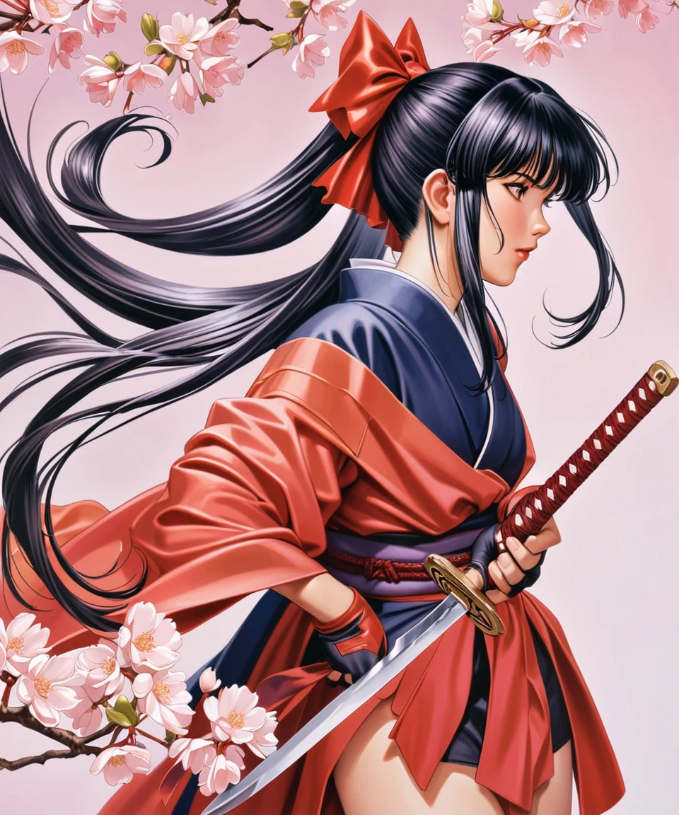 (masterpiece: 1.2, highest quality), realistic, (realistic Picture, intricate details, Depth of the bounds written), Sakura, 1 girl, arms, alone, sword, kimono, bow, black hair, red bow, long hair, brown eyes, gloves, petal, fingerless gloves, cherry blossoms, knife, hair bow, ponytail, kimono, Similarly, Similarly skirt, traditional media,