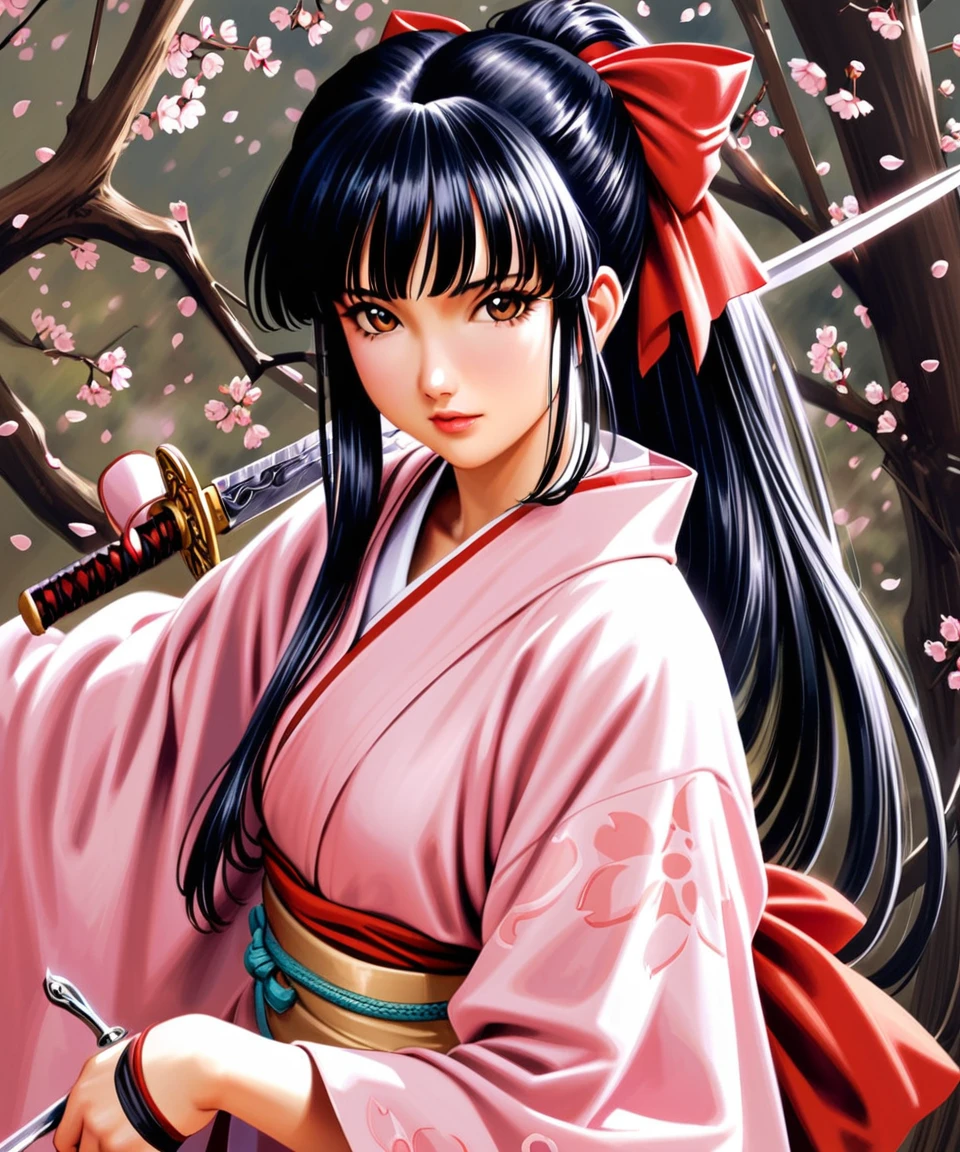 (masterpiece: 1.2, highest quality), realistic, (realistic Picture, intricate details, Depth of the bounds written), Sakura, 1 girl, arms, alone, sword, kimono, bow, black hair, red bow, long hair, brown eyes, gloves, petal, fingerless gloves, cherry blossoms, knife, hair bow, ponytail, kimono, Similarly, Similarly skirt, traditional media,