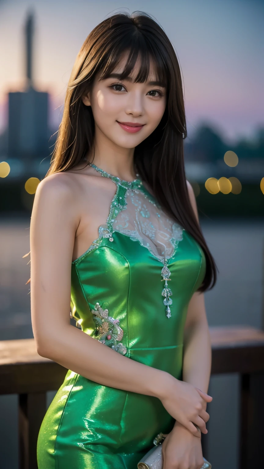 (highest quality,masterpiece:1.3,ultra high resolution),(Super detailed,caustics),(realistic:1.4,RAW shooting),(Vibrant color saturation),1 girl,20-year-old,flat bangs、smiling、Blurred background,emerald lace dress、night view、light up、Asian princess-like、