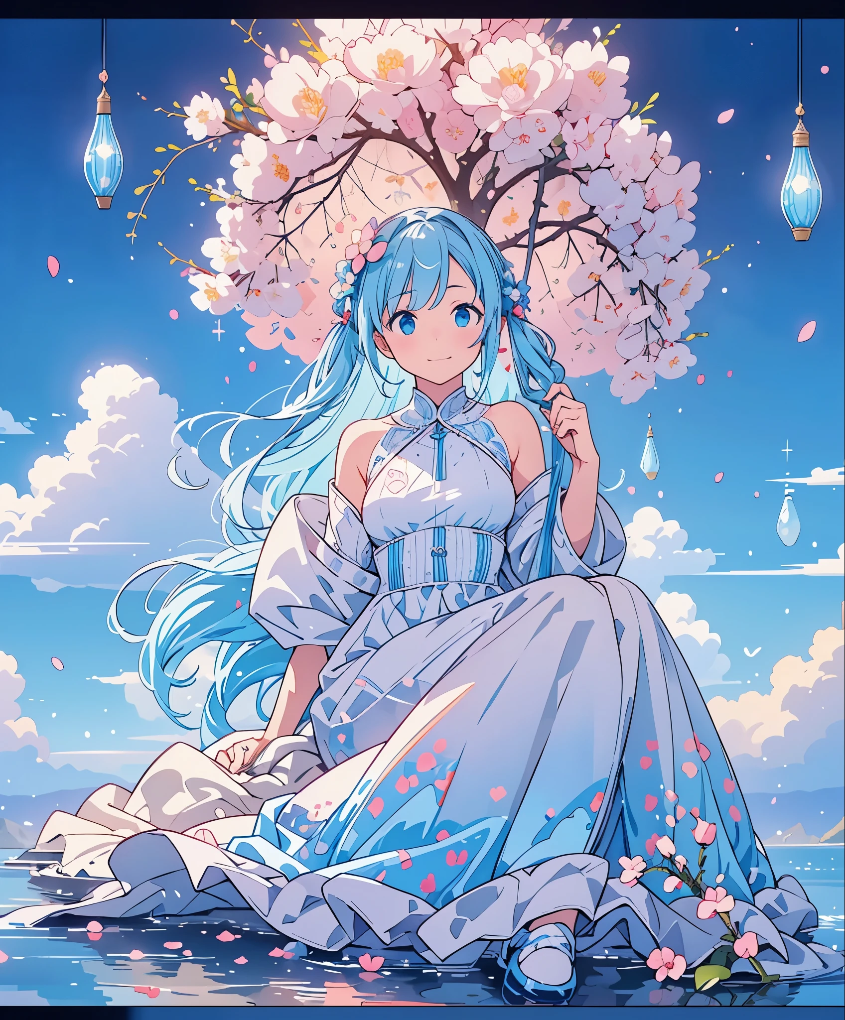 (masterpiece、highest quality、highest quality、official art、beautiful beautiful:1.2)、(1 girl:1.3)Hatsune Miku、twin tails,big breasts,(High resolution、Super detailed、nffsw、movie)、one girl、Cherry Blossom Gardenに立つ女の子、Girl around the petals、adorable smile、looking at camera、Full body Esbian、Girl with long blue hair、twin tailsの髪型、look at the camera、fantasy、cute dress、highly detailed face、highly detailed eyes、Cherry Blossom Garden、Cherry blossom petal splash art、Ultra Detailed Fields、Beautiful white starry sky、aurora、Light blue、blanche、Nebula in the sky、watercolor painting、pastel colour