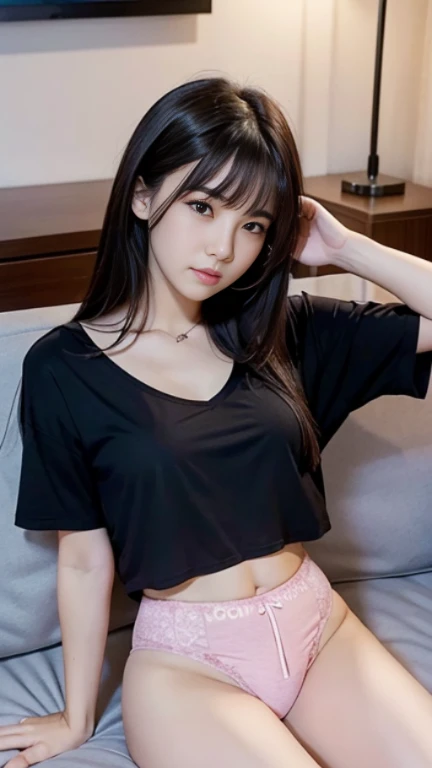 Medium chest,Sexy cute looks and cute beautiful girl, Beautiful and sexy face,cute, length, straight, beautiful black hair, Sexy eyes hidden behind length bangs,slightly dark skin,Slightly droopy eyes,((boyfriend'my room)),((One man and one woman relaxing in a room)),two people ,((Together on the couch)),((room wear)),relax,笑顔のtwo people,((1 male、1 female)),open,be disturbed,beautiful nipples,pink panties,Inner thigh sitting,emphasize the buttocks,emphasize the chest