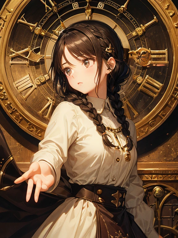 girl　Dark brown hair　Braid　Pendulum clock　Reading