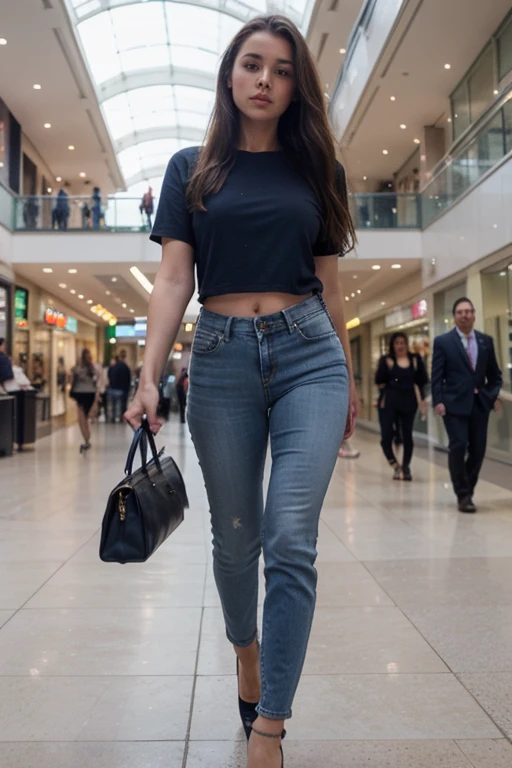 Tall girl blonde hair perfect body perfect six pack wearing navy blue top and jeans natural big  hold  blue bag wearing high heels hold a brunette man who wear navy blue suit and taller than her at the mall