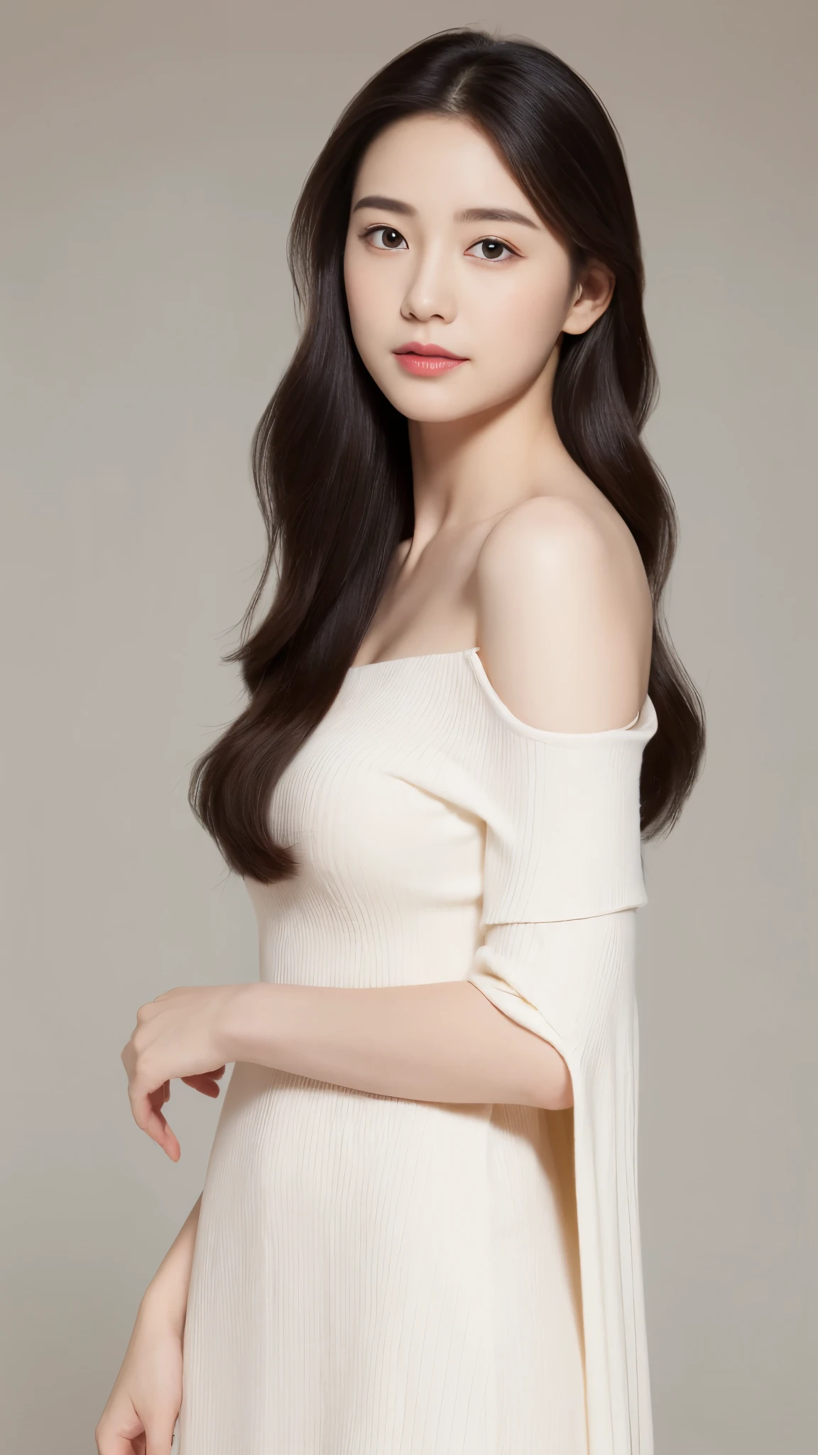 (lifelike, High resolution:1.3), 1 girl with perfect figure, Very pale face,The eyes are black,Look straight ahead,long white hair, off shoulder dress:1.2, big breasts,Baogou,solid color background