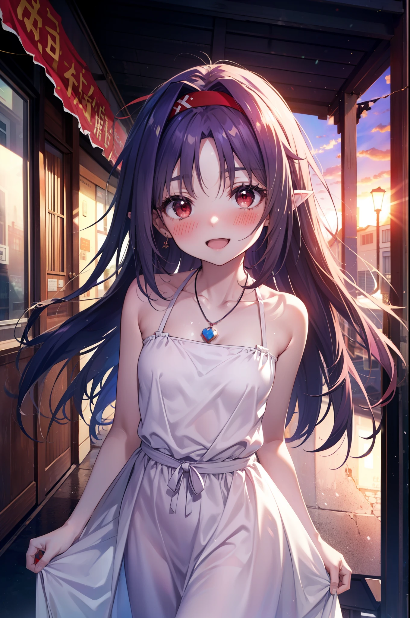 yuukikonno, Konno Yuuki, hair band, long hair, pointed ears, purple hair, (red eyes:1.5), (small breasts:1.2), smile,blush,open your mouth wide,straw hat,White long skirt integrated dress,bare shoulders,bare clavicle,Bare neck,bare arms,Cute Sandals,bend forward a little,noon,Clear skies,locket necklace,
break looking at viewer, Upper body, full body,(cowboy shot:1. 3)
break outdoors, building street,Coastal Pass,
break (masterpiece:1.2), highest quality, High resolution, unity 8k wallpaper, (figure:0.8), (detailed and beautiful eyes:1.6), highly detailed face, perfect lighting, Very detailed CG, (perfect hands, perfect anatomy),