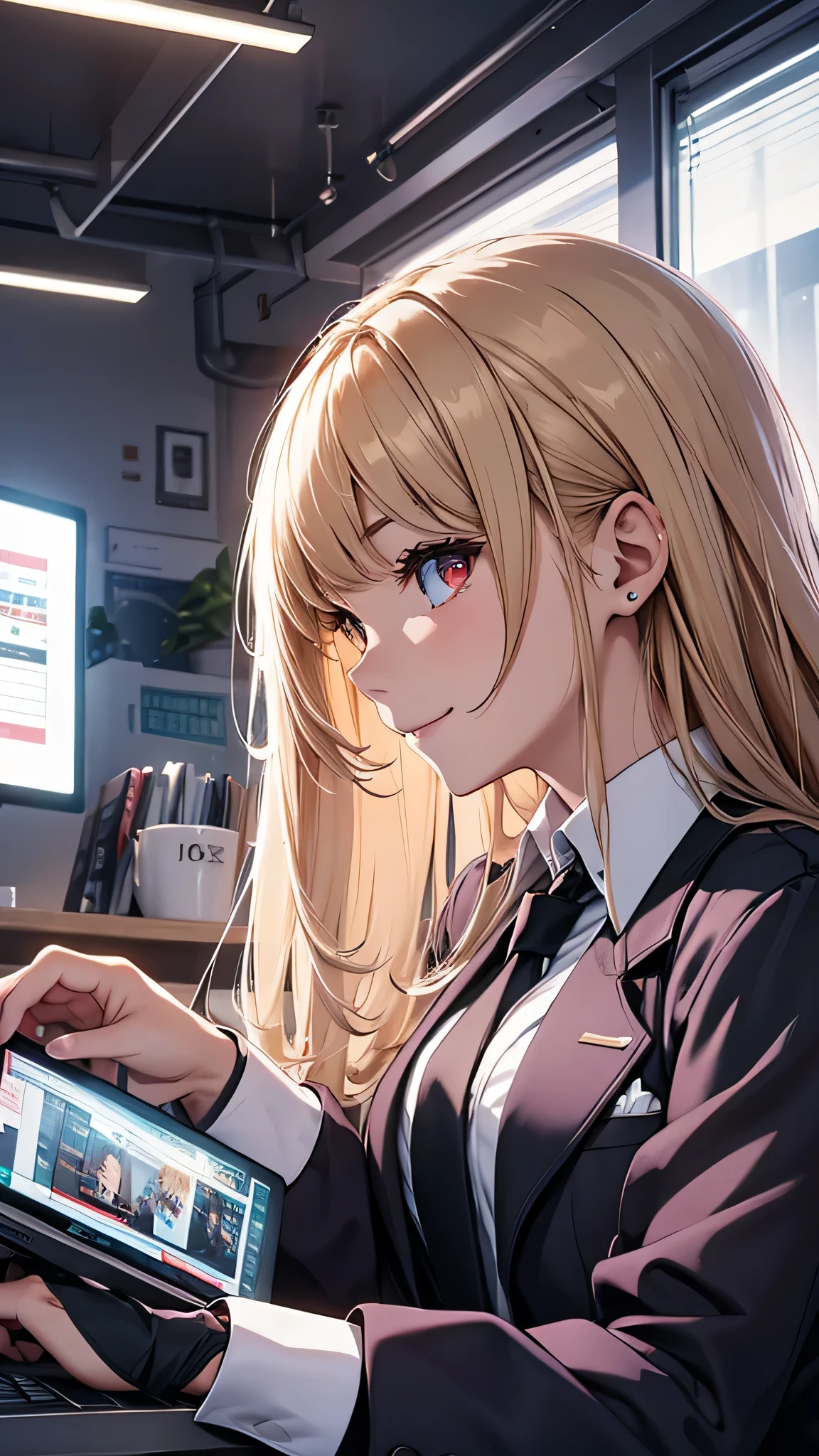 最high quality、best image quality、masterpiece、girl((18-year-old、 By becoming、vest bust、medium bust,wide open  tea、red glowing eyes, blonde、messy hair、long hair、thin,highest valley、black suit、Blue tie、open chest、White wristband、smile、Leaning forward、hair ornaments、have a laptop、Angle from the side)),high quality、beautiful art、background((White computer room、Coffee cup、line of light))、Flight、debris flies、Depth of written boundary、movie、visual art、perfect art、8K,genuine、