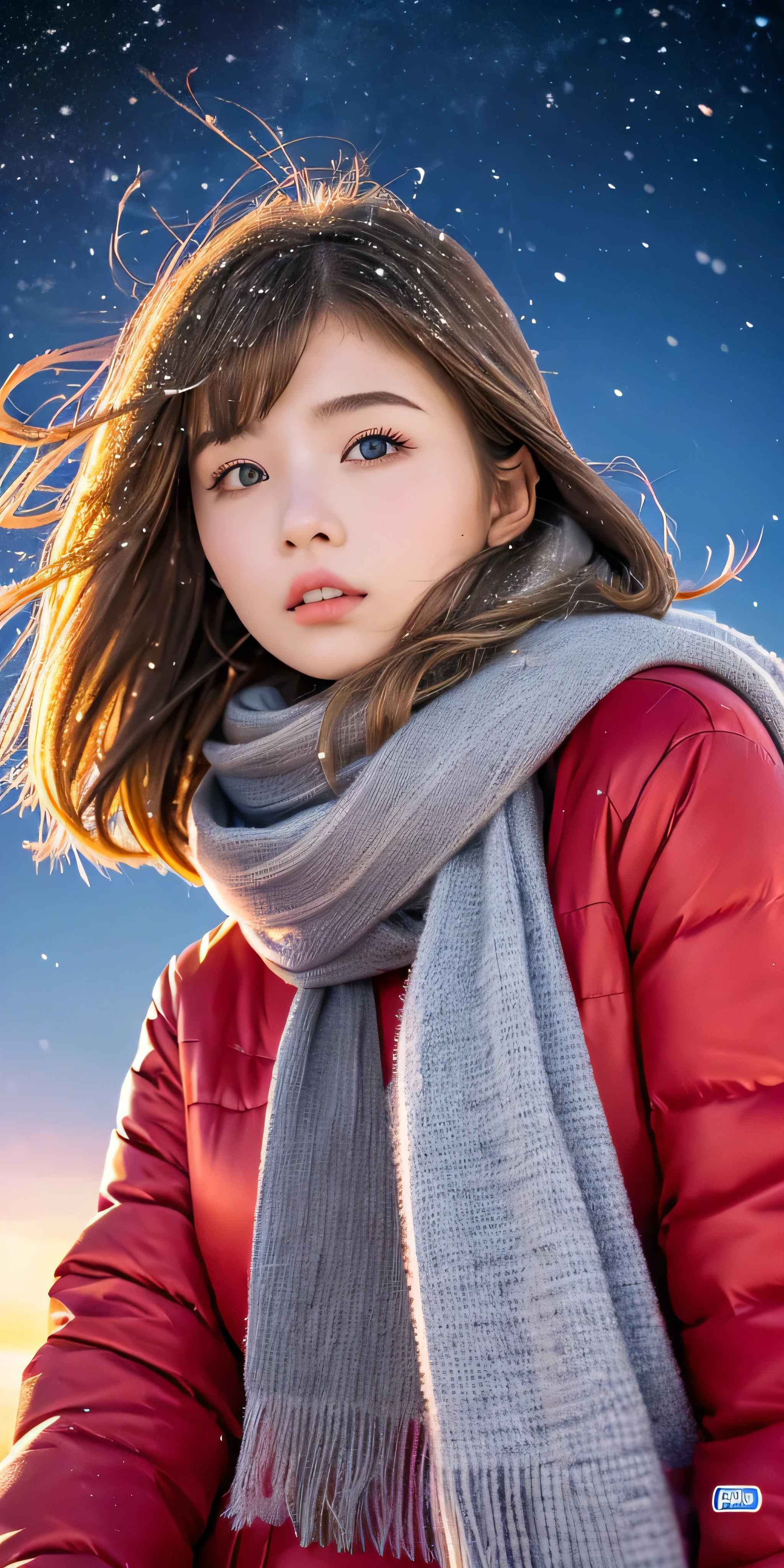 ((hair blowing in the wind、no makeup:1.2))、(realistic、Photoreal、Super detailed、best detailed skins、highest quality、masterpiece、超A high resolution)、cute russian woman、14 years、high school girl、young girl、1 girl、have bangs、ash blonde:1.7、double eyelid、drooling eyes、Japanese style face、purity、realistic skin type、thick muffler、Gray muffler、fluffy hair、((There'hair in scarf:1.3))、red cheeks、The wind is blowing、that'It's snowing、night、illumination、Lighting from behind、hair blowing in the wind、((Antarctica、A meteor shower、A world view of the aurora))