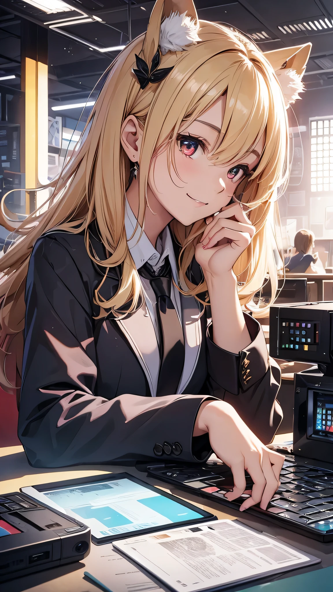 最high quality、best image quality、masterpiece、girl((18-year-old、 By becoming、vest bust、medium bust,wide open breast tea、red glowing eyes, blonde、messy hair、long hair、thin,highest valley、black suit、Blue tie、open chest、White wristband、smile、Leaning forward、hair ornaments、have a laptop、Angle from the side)),high quality、beautiful art、background((White computer room、Coffee cup、line of light))、Flight、debris flies、Depth of written boundary、movie、visual art、perfect art、8K,genuine、