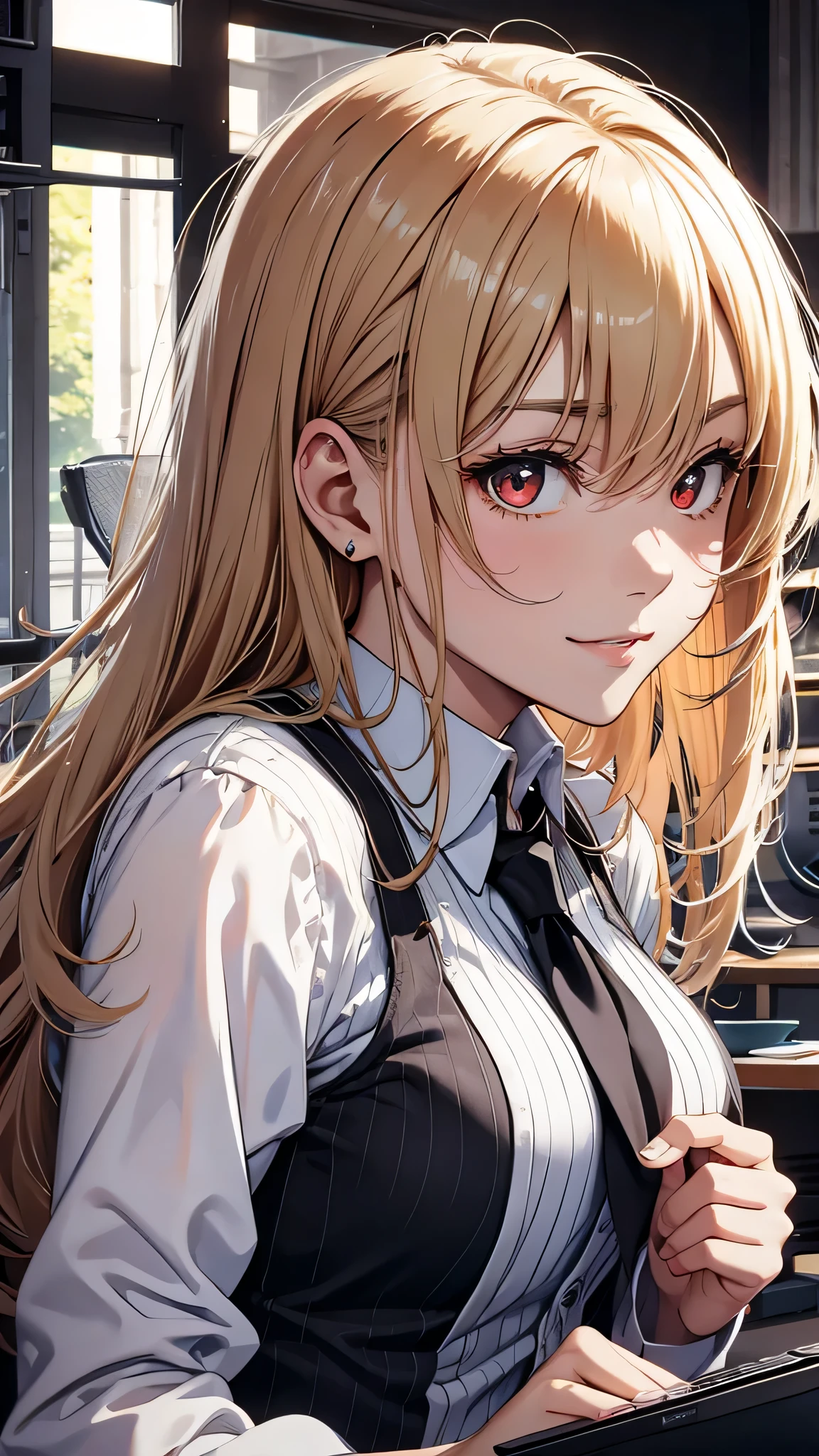 最high quality、best image quality、masterpiece、girl((18-year-old、 By becoming、vest bust、medium bust,wide open breast tea、red glowing eyes, blonde、messy hair、long hair、thin,highest valley、black suit、Blue tie、open chest、White wristband、smile、Leaning forward、hair ornaments、have a laptop、Angle from the side)),high quality、beautiful art、background((White computer room、Coffee cup、line of light))、Flight、debris flies、Depth of written boundary、movie、visual art、perfect art、8K,genuine、