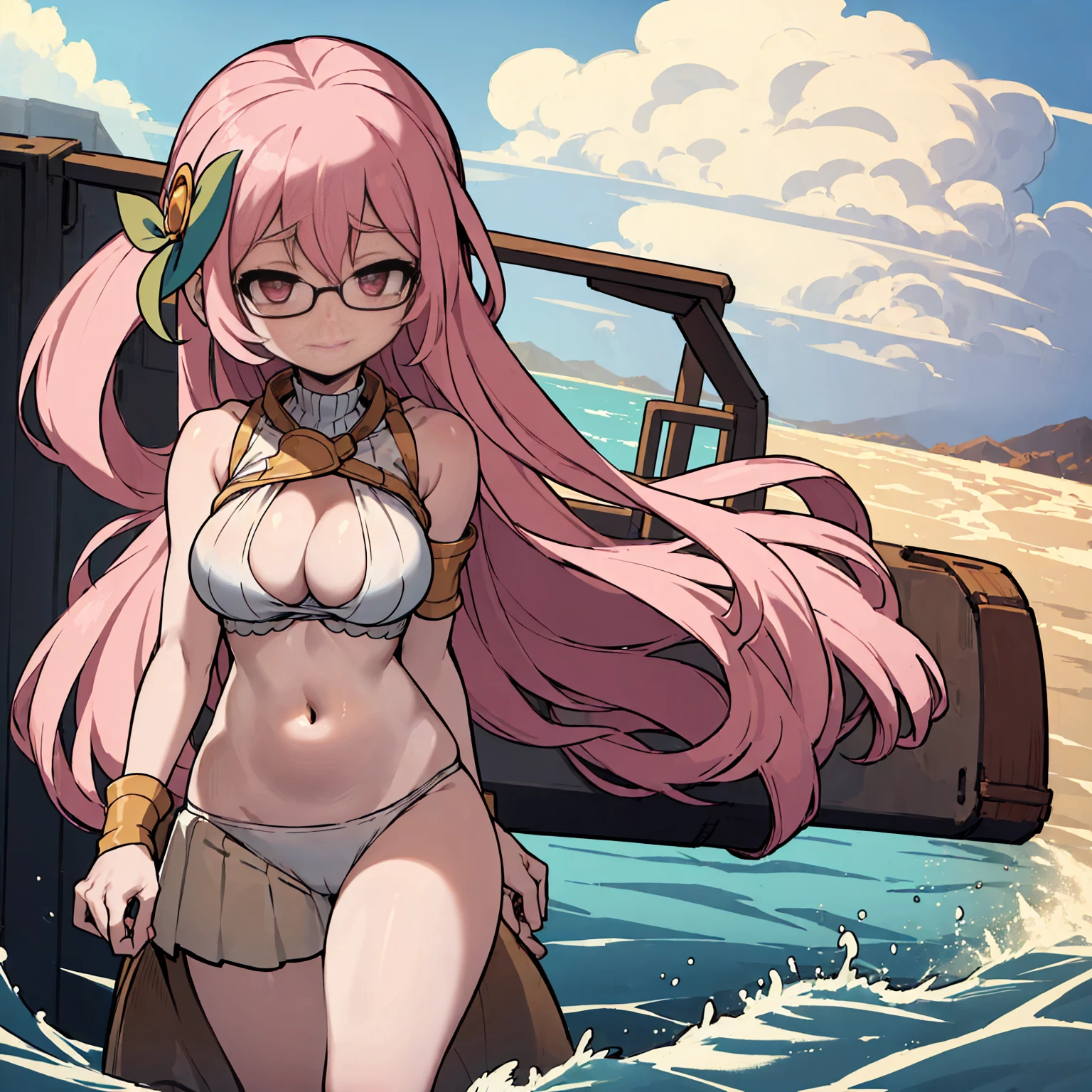 (masterpiece, best quality:1.2), cowboy shot, (solo), (1girl):1.5, glasses, long fluffy pink hair, hair blowing, gorgeous body, wide hips, slight smile, (elegant swimswit), navel exposed, mid breasts, breasts niples, cameltoe, on a ship at windy sea.