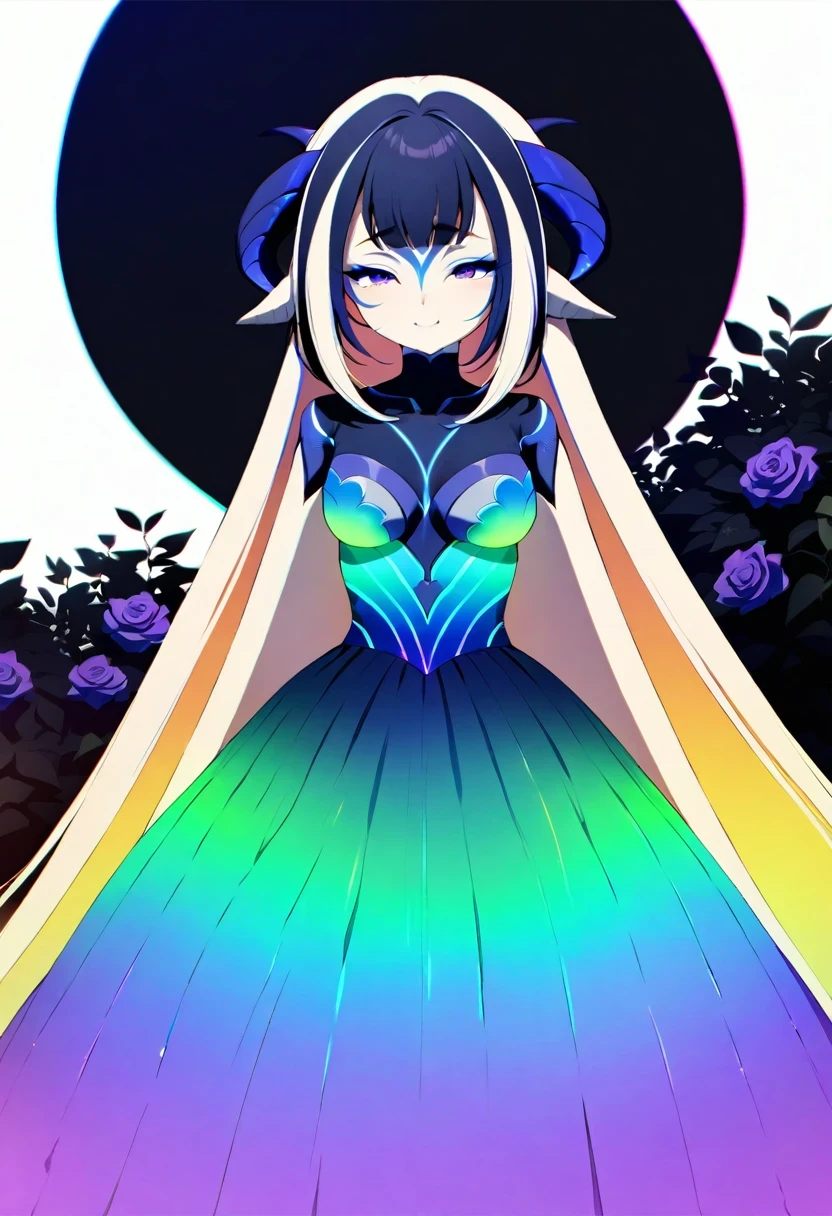 ((shylily)),(masterpiece:1.2),(best quality:1.2),Designed by nty, One , solo, 8K, hyper HD,  demon girl standing, Dark clothes, shot from far away, , purple rose bush, (Rainbow gradient bioluminescent dress), Blue turtleneck sweater with tulle skirt, winking ,(long and complex horns:1.2), white backgrounid, multicolored clothing, Complicated details