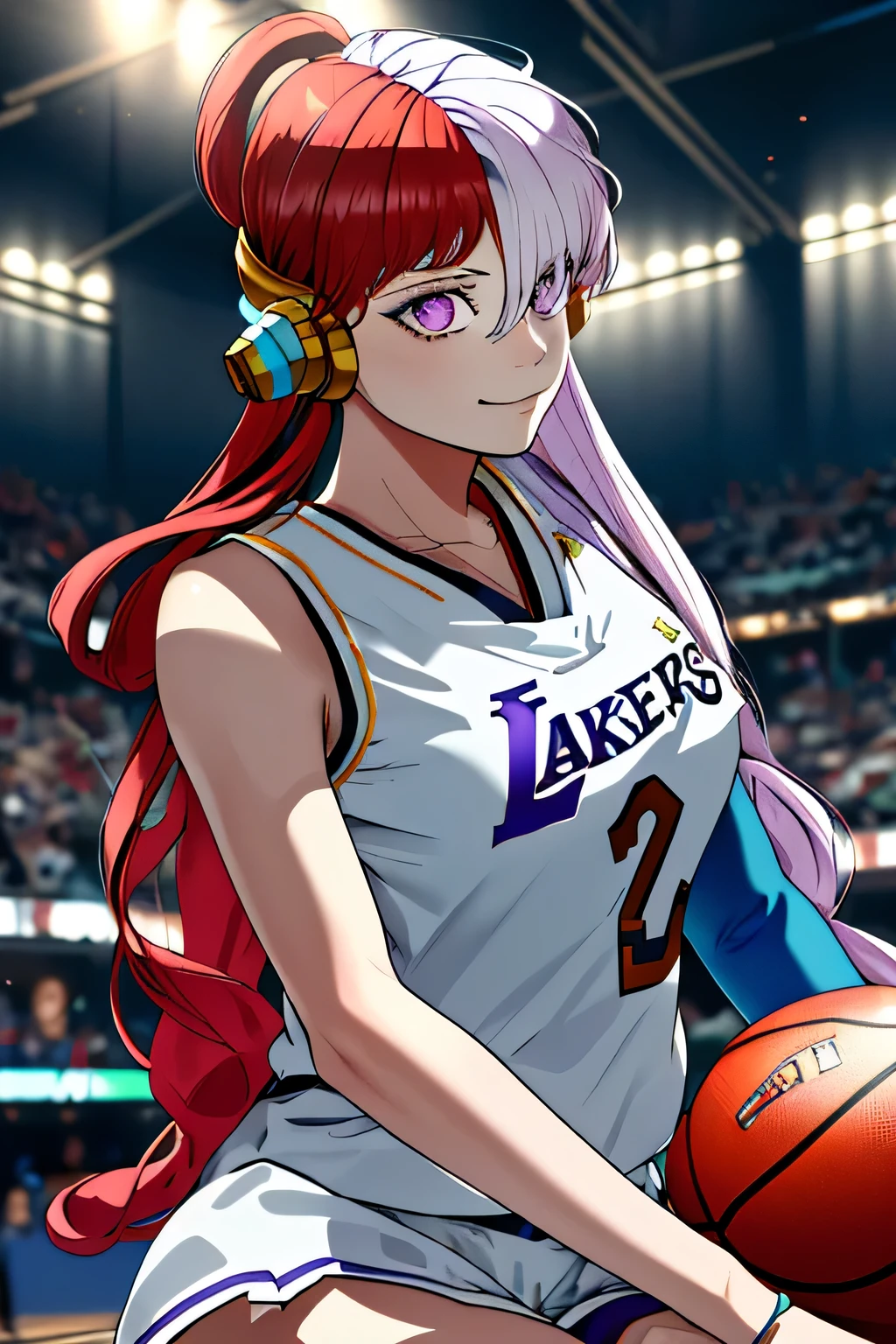 best quality, highres, 1girl, split-color hair, hair over one eye, red hair, multicolored hair, long hair, purple eyes, two-tone hair, hair rings, white dress, headphones, white hair, black ribbon, bangs, very long hair, big breasts, ((wearing Lakers jersey)) ((wearing basketball jersey)), standing, sitting, crossed legs, indoors, vibrant colors, dramatic lighting., close up shot , 8k 4k, ultra hd, high resolution , ultra detailed face, ultra detailed eyes,