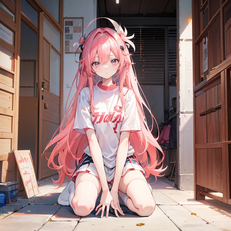Coral pink hair,long hair,hair over one eye,gray eyes,feather hair ornament,cute,girl,JK,Wear white knee-high socks,whole body,Kneeling on the ground,Don't show your arms,The background is the sports storage room