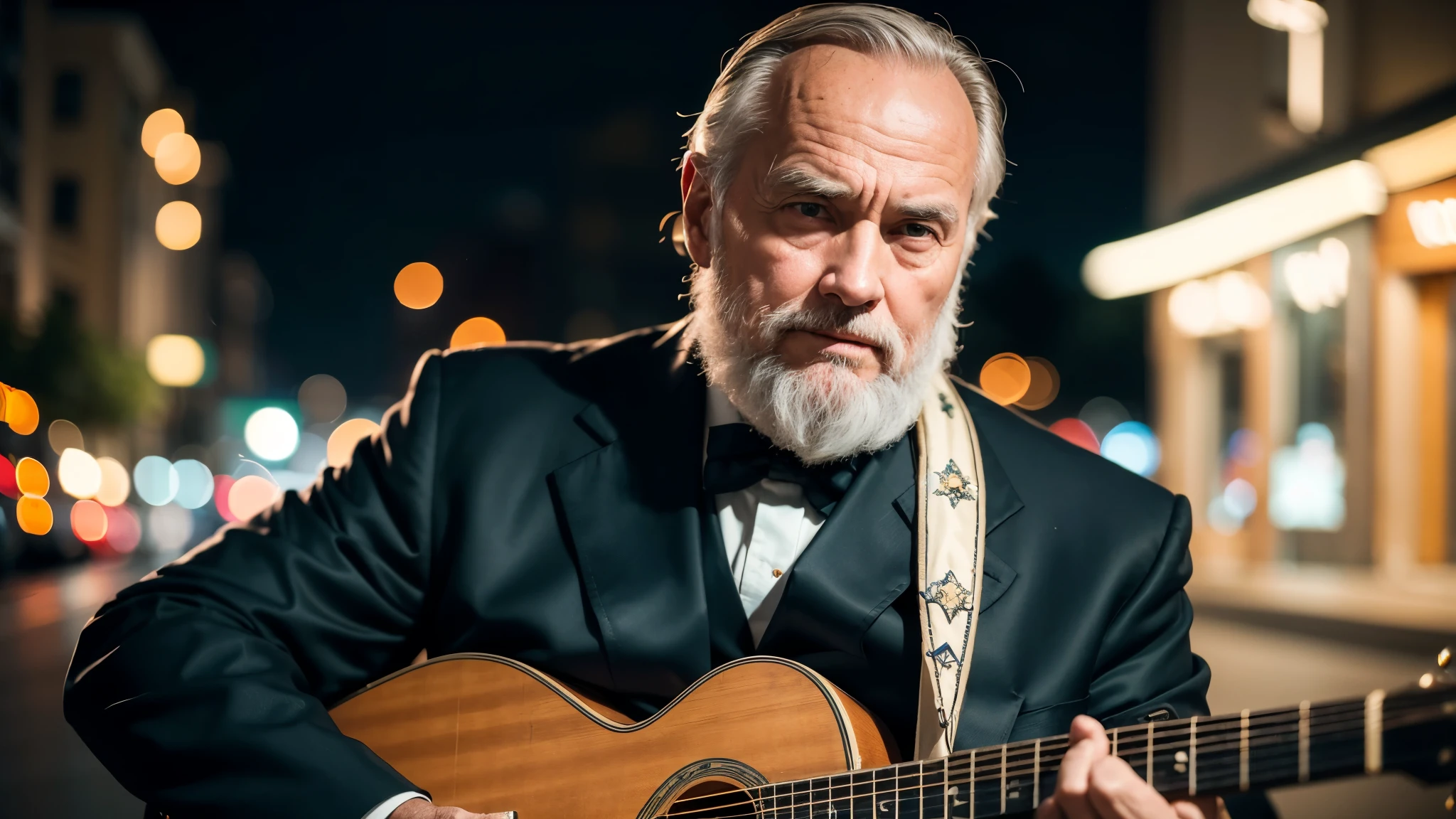 ((best quality)), ((masterpiece)),(detail), perfect face, medium shot of The Rock old man playing guitar in the suburbs at night, wearing classic formal clothes, romantic style, retro vintage and romanticism, bokeh background, hyper-realistic photos, 8k , ultra high resolution, sharp faces