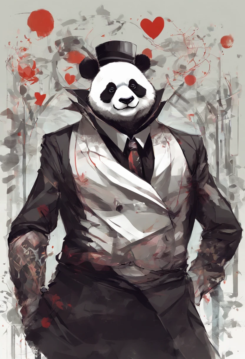 anthropomorphic panda, de cuerpo entero, vestido formalmente con un blazer, sostiene una bandeja, pegatina de panda, sticker de panda.