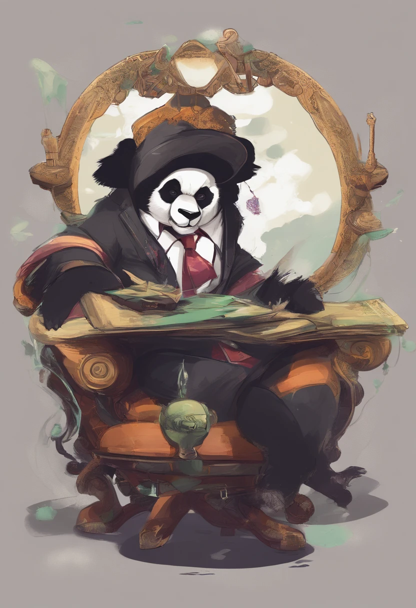 anthropomorphic panda, de cuerpo entero, vestido formalmente con un blazer, sostiene una bandeja, pegatina de panda, sticker de panda.