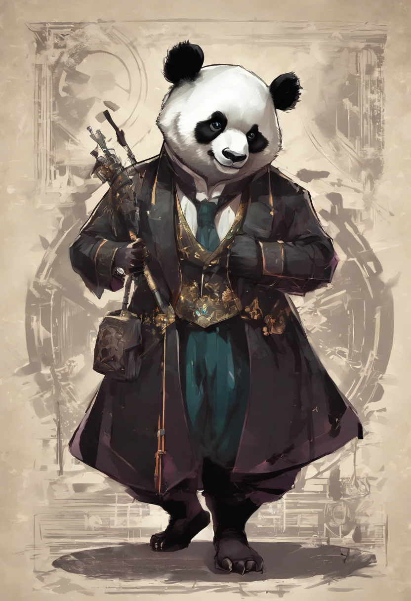 anthropomorphic panda, de cuerpo entero, vestido formalmente con un blazer, sostiene una bandeja, pegatina de panda, sticker de panda.