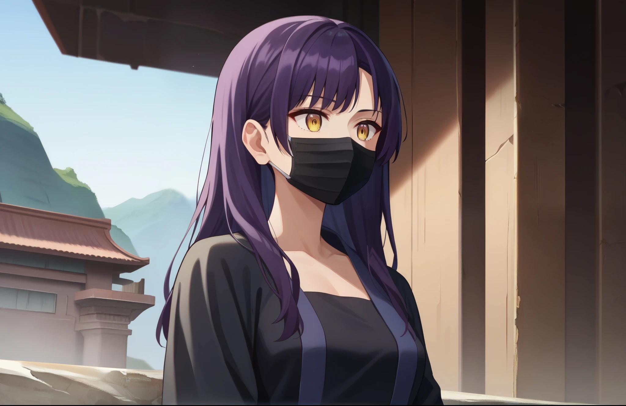 1 girl, hiding behind the wall, (high),whole body, adult girl, bright yellow eyes, loose hair, ((black robe )),((black face mask)),(Long purple hair) , Medium breasts, looks interested, check_9, check_8_up, check_7_up, check_6_up, anime,((Whole body in frame)),background canyon, (Back to the wall),((an observation tower in the background)),Background Wasteland , distant perspective background