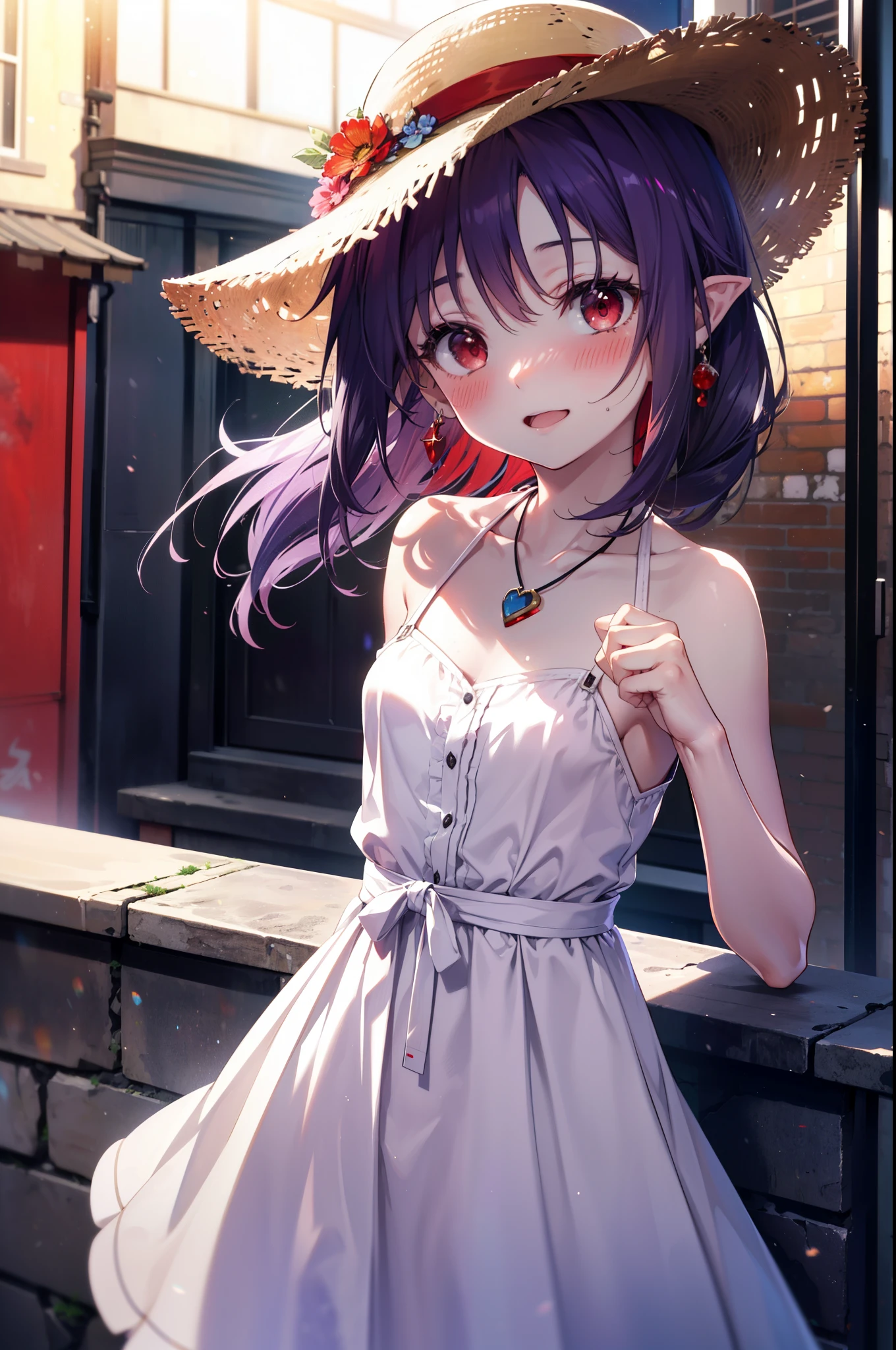 yuukikonno, Konno Yuuki, hair band, long hair, pointed ears, purple hair, (red eyes:1.5), (small breasts:1.2), smile,blush,open your mouth wide,straw hat,White long skirt integrated dress,bare shoulders,bare clavicle,Bare neck,bare arms,Cute Sandals,bend forward a little,noon,Clear skies,locket necklace,
break looking at viewer, Upper body, full body,(cowboy shot:1. 3)
break outdoors, In town,building street,
break (masterpiece:1.2), highest quality, High resolution, unity 8k wallpaper, (figure:0.8), (detailed and beautiful eyes:1.6), highly detailed face, perfect lighting, Very detailed CG, (perfect hands, perfect anatomy),