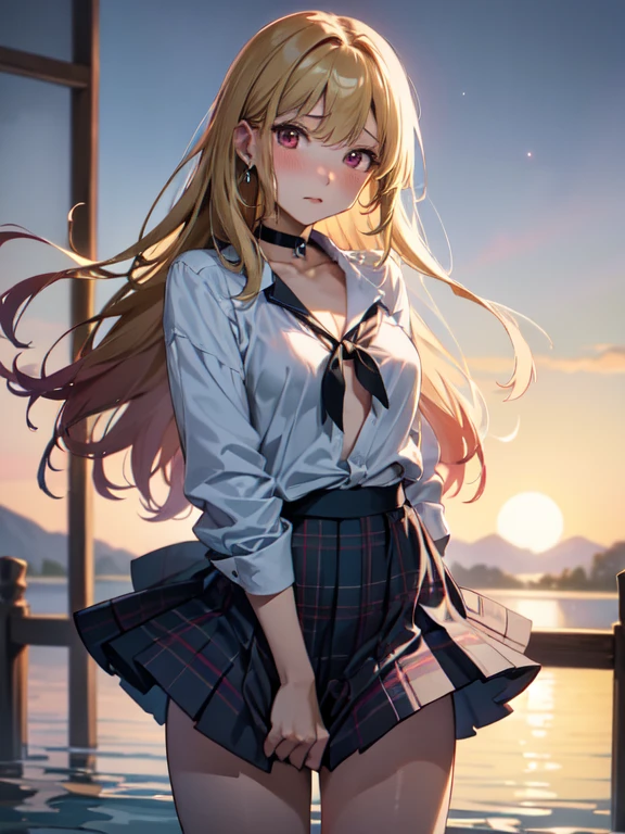 master piece,best quality,ultra detailed,8k, ambient light,realistic skin,glossy skin, （kitagawa marin, 1girl, blonde hair, long hair, multicolored hair, red eyes, jewelry, earrings, piercing, , white shirt, tied shirt, black choker, plaid skirt）、heavy wind、((((Flip the skirt))))、（the body is very wet：1.3）、My clothes are transparent and I can see my underwear、（His shirt is unbuttoned and his underwear is visible：1.3）、constriction、（delicate body：1.3）、small bust、emphasizing the cleavage：1.3、 glossy lips、Slightly emphasize the lower lip、blush、embarrassed expression、 fantastic night sky、full moon、aurora、horizon、open-air bath、Japanese inn、Castle、futon