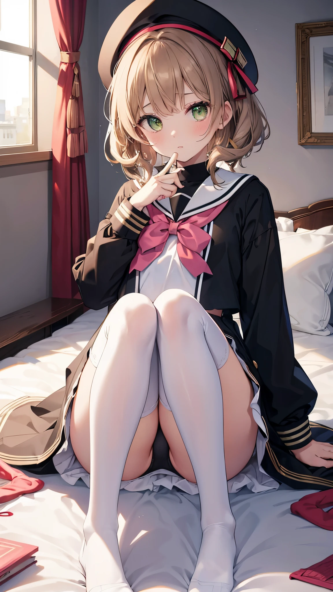, Height: 160cm, beautiful and cute, with a shy look. 1 female. light brown hair. yellow-green eyes. shortcut. To match the bangs. A black sailor suit with a white sailor collar and red thread on the cuffs. White panty groove. white knee socks. Small white beret with ribbon on the back. warm lighting. photo quality, High resolution. A nice room for girls. She was sitting on a pale pink bed. Her legs were open. She put her hand on her chest. An open pink condom was lying on the floor near her..