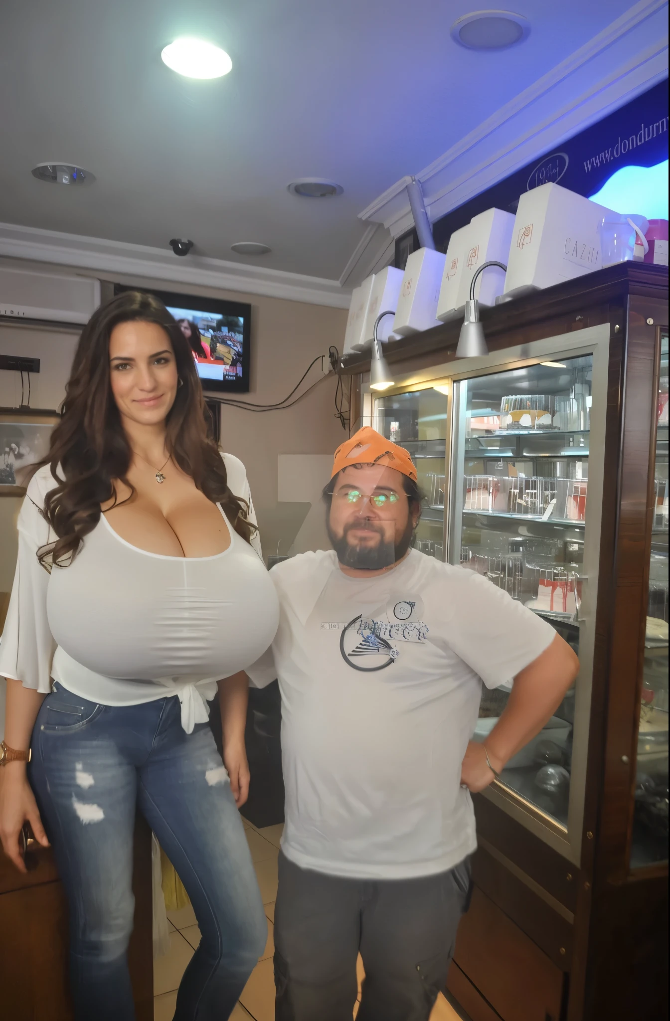sheer white scoop-neck blouse, (big giant enormous oversized massive huge colossal:1.5), (gigantic sagging breasts:1.5), (very long full hair:1.25), wavy hair, cleavage
