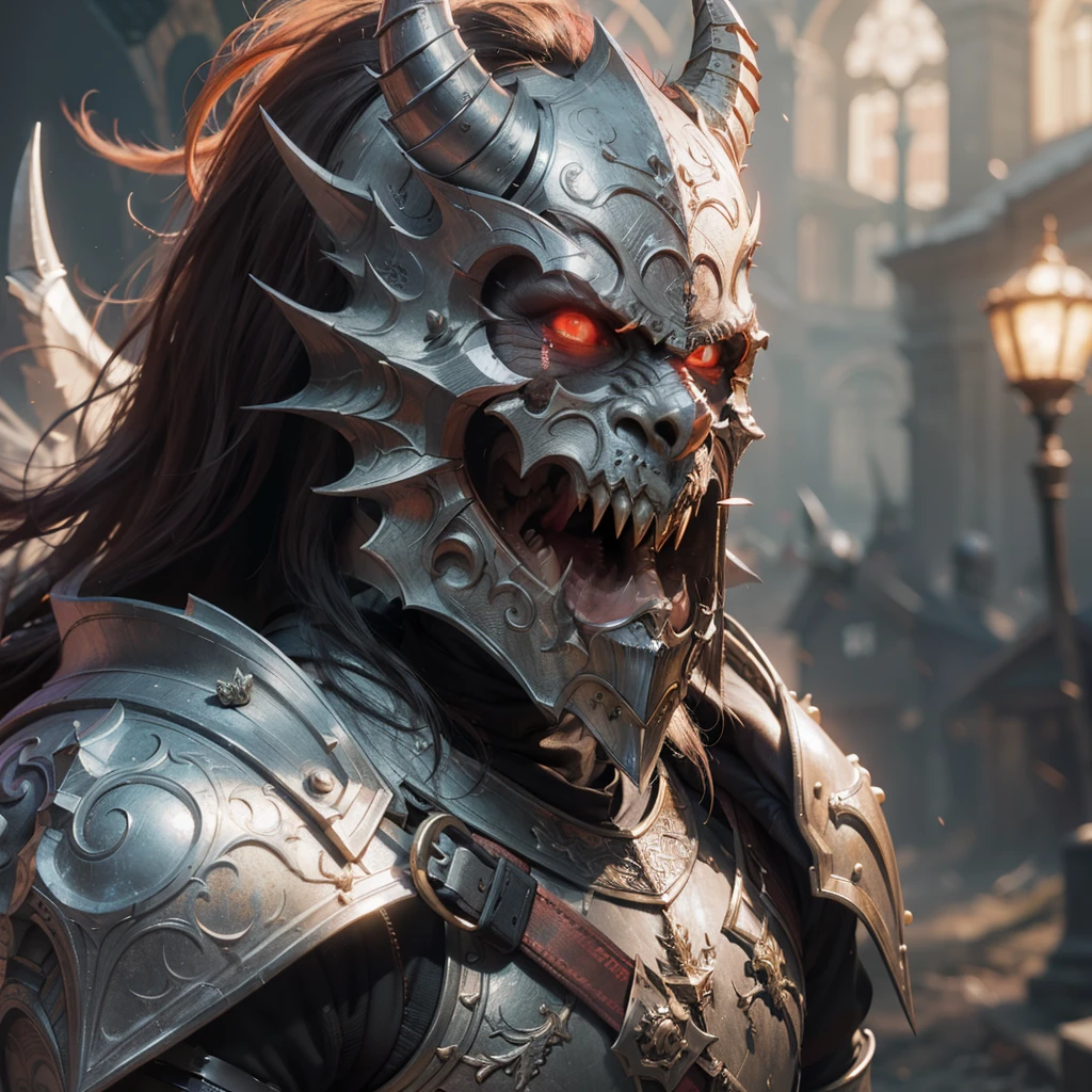 There&#39;s a close-up of a demonic man in armor, berserker potrait, Bad guy in armor, Evil Knight, 4Kfantasy art, demon berserker, undead knight, fantasy art, Written by Arthur Pan, unreal engine fantasy art, Written by Tadeusz Pruszkowski, berserker, d&art station trends