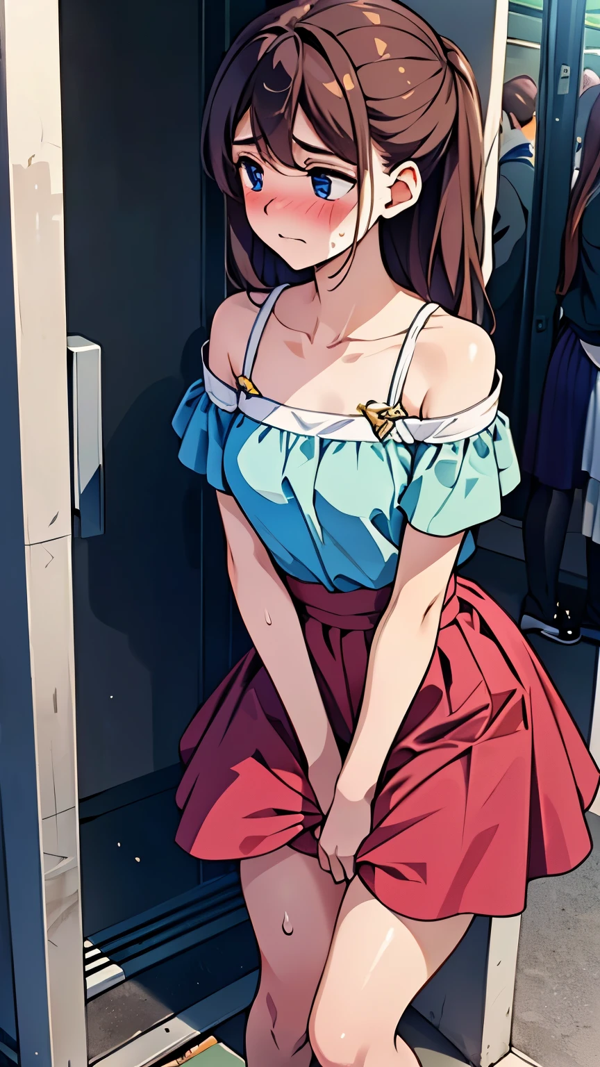 (ultra-detailed, best quality, anatomically perfect body), (small breast:1.3), shiny skin, (Various girls), (have to pee), (very desperate to pee:1.2), bladder full, (public restroom entrance), (waiting for restroom with line of girls in queue:1.3), clean interior, (standing), (various kind tops), (various long skirt:1.4), (flats, various hairstyle), various bag, (knees together and feet apart:1.2), (Rub each other's thighs:1.2), leaning forward, (hand between legs), (holding the crotch:1.1), (restless:1.1), (nose blush:1.1), (embarrassment1.3), flowing sweat, (parted ilps), (erotic body twist:1.2), (breathless), (sad), (tearful), (looking away), (lower body:1.2), from side, (from back:1.1), (very Bright:1.2),