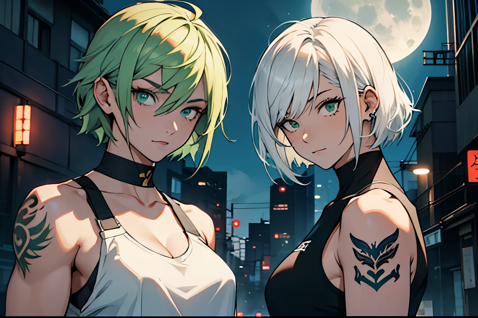 portrait, 2 girls, Japanese、20-year-old、beautiful face, asymmetrical hair, The girl on the right has white hair, The girl on the left has green hair、Tank top、tattoo, ,, green eyes, Hip vents, , cute, look at the audience, Night Circuit、, ,short bob cut、long hair、Upper body、Villain、muscular、sports car、full moon、Moonlight night、