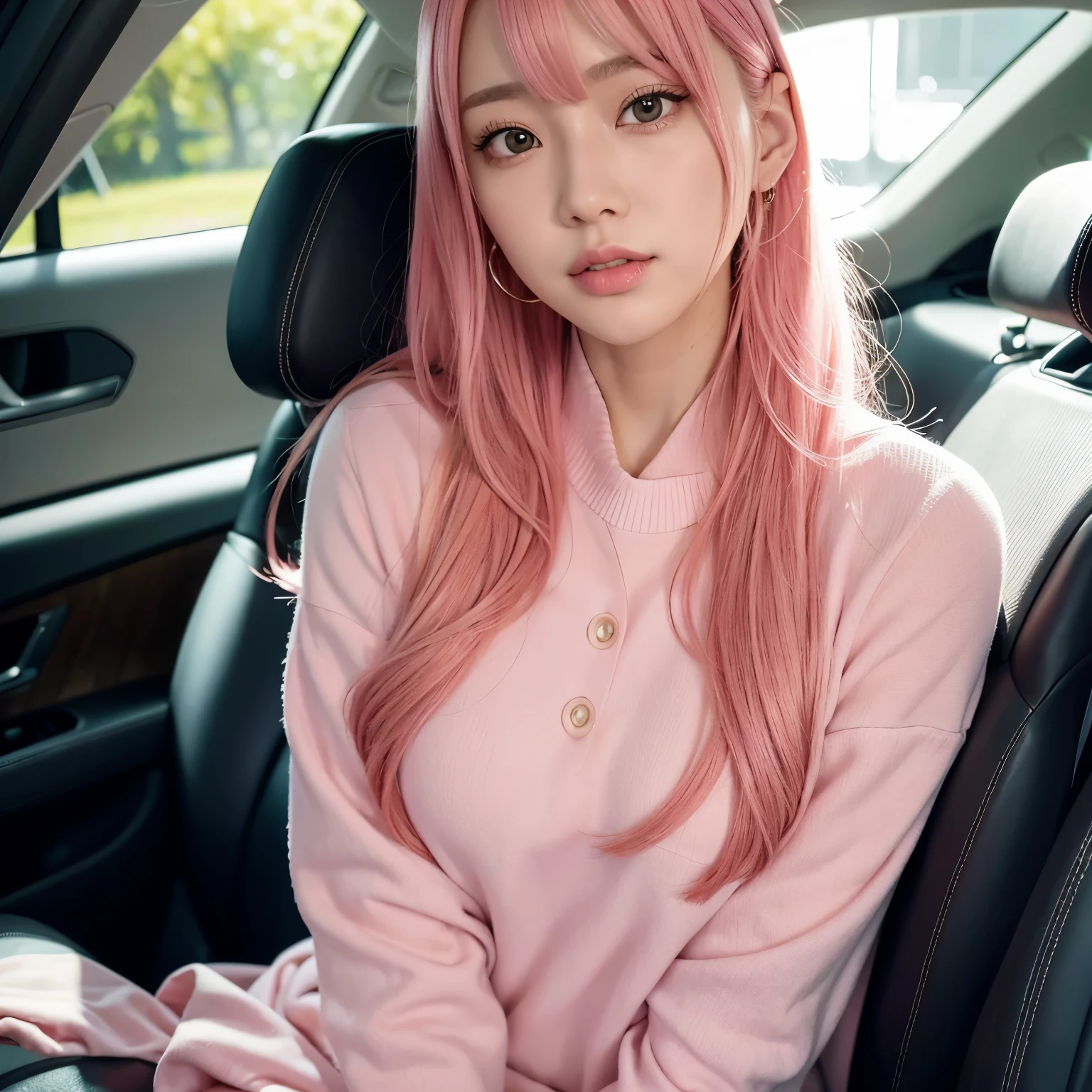 A fifty-year-old man wearing shiny pink clothes sitting in a car seat, blackpink larisa manoban, blackpink jossi portrait, Belle Delphine, Larisa Manobar, pink haired, Lostrun 8k, Roseanne Park from Blackpink, Long flowing pink hair, Portraits of Korean female idols, smooth pink skin, Inspired by Yanjun Chen