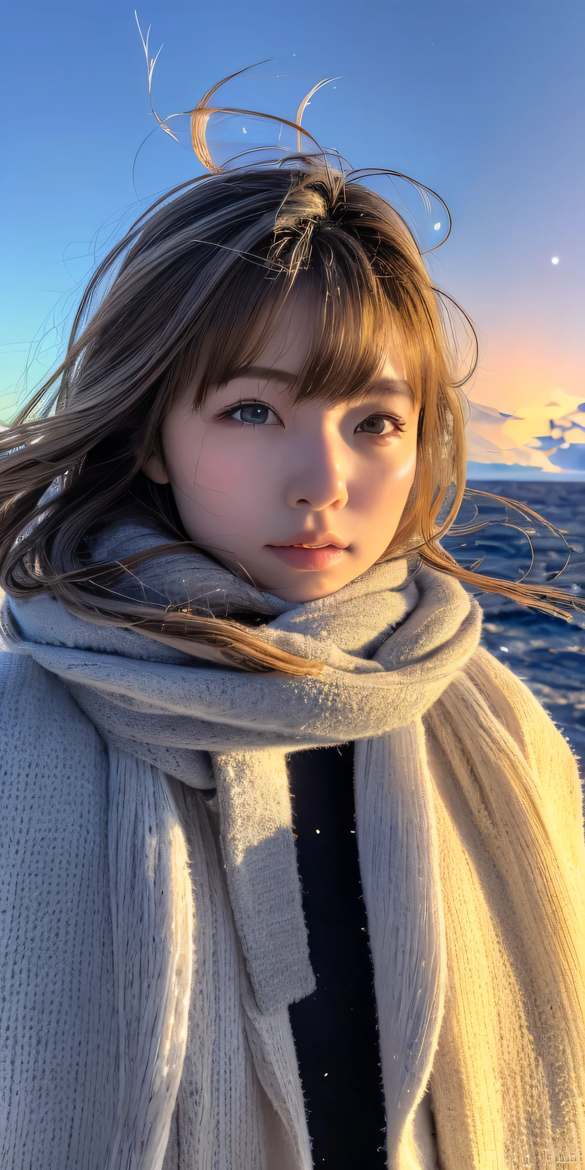 ((hair blowing in the wind、no makeup:1.2))、(realistic、Photoreal、Super detailed、best detailed skins、highest quality、masterpiece、超A high resolution)、cute russian woman、14 years、high school girl、young girl、1 girl、have bangs、ash blonde:1.7、double eyelid、drooling eyes、Japanese style face、purity、realistic skin type、thick muffler、Gray muffler、fluffy hair、((There&#39;hair in scarf:1.3))、red cheeks、The wind is blowing、that&#39;It&#39;s snowing、night、illumination、Lighting from behind、hair blowing in the wind、((Antarctica、A meteor shower、A world view of the aurora))