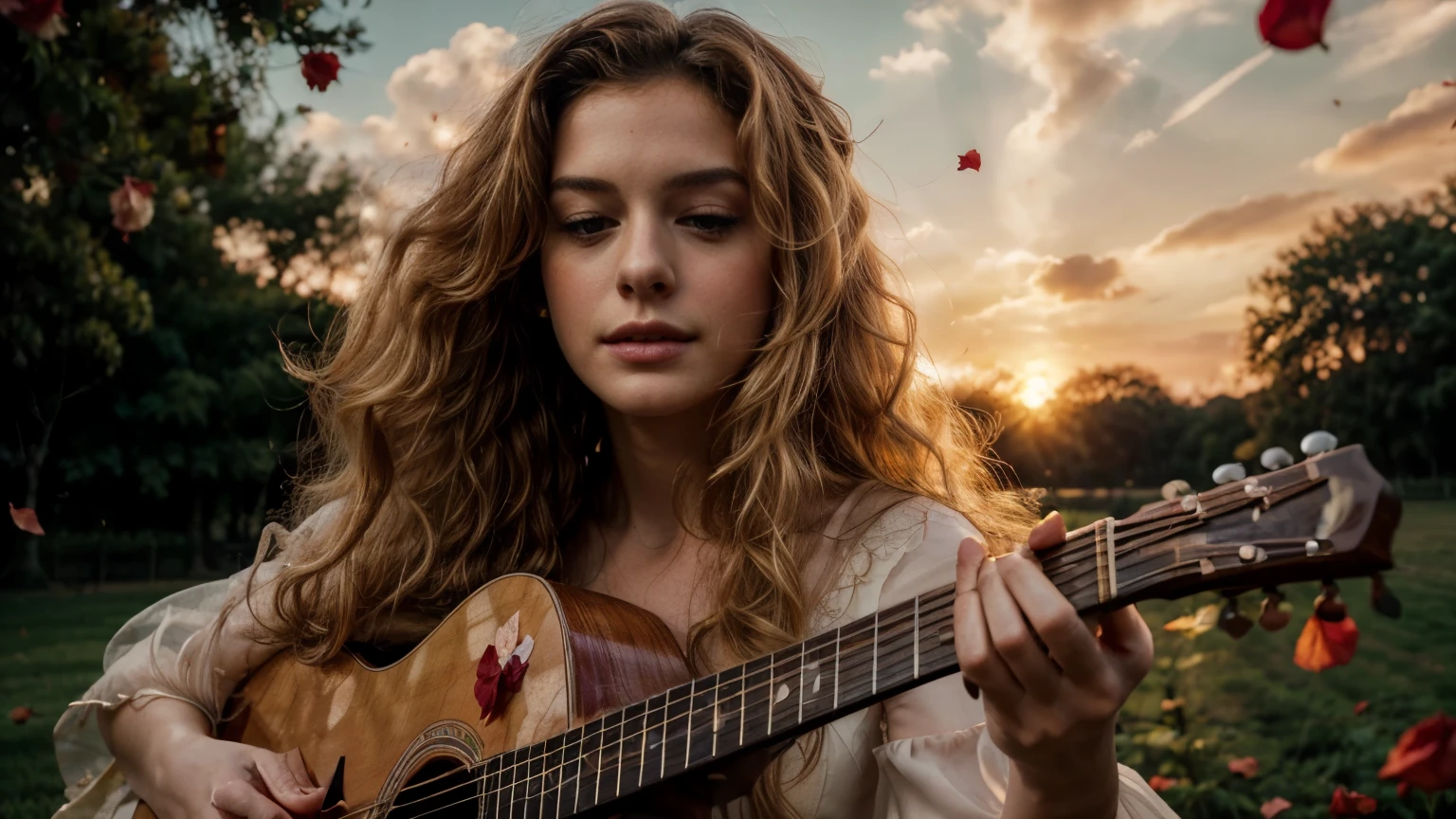 ((best quality)), ((masterpiece)),(detail), perfect face, full body shot of Anne Hathaway playing guitar, rose petals flying across the sky, woman wearing a silk dress, woman woman with blonde and curly hair, beautiful long curly hair, romantic style, retro vintage and romanticism, blurred background image, sunset light, golden sunshine, roses, very lots of flying flower petals, rose petals stuck in hair, warm orange background color, hyper-realistic photos, 8k, ultra high resolution, sharp faces