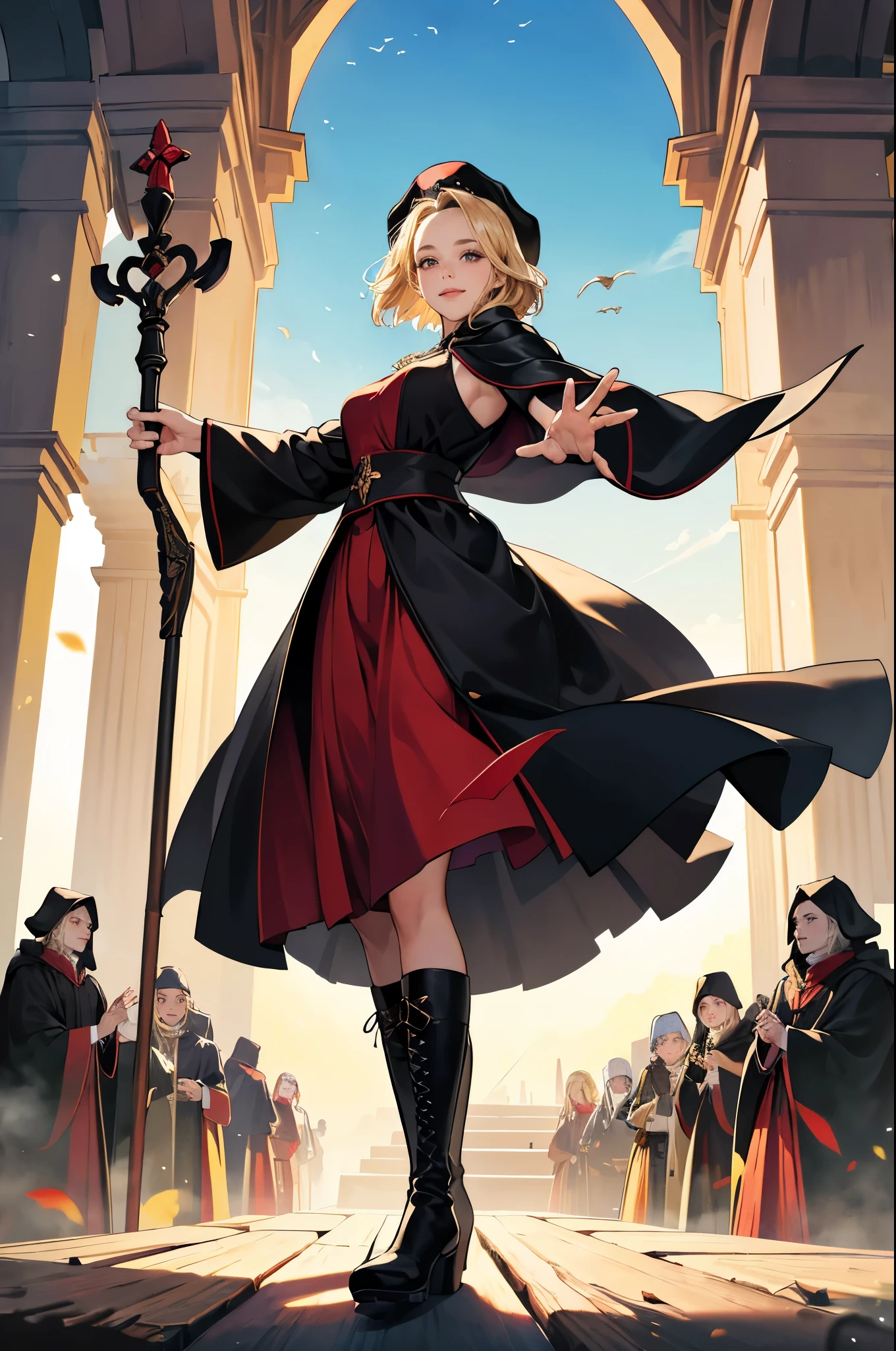 masterpiece, ultra detailed, 8k portrait, RAW photo, portrait photography, highly detailed face, beautiful and meticulous eyes, ((Fantasy)), Young beautiful, dynamic pose, kind face, smile, (((Blonde very short hair, forehead))), ((Priest)), armpit, wood necklace, clergy hat, (((black long cloak))) fluttering in the wind, (((dark dull red oversized Priest robe))), (((long skirt)), (((low boots))), ((holding long wood staff)), big shoulder bag, Midday Sun, hyper realistic, Body model, mid breasts, Beautiful breasts, Long legs, in the crowd, Ambient lighting, Shadow details , Camera focus on face, strong breeze, Light fog