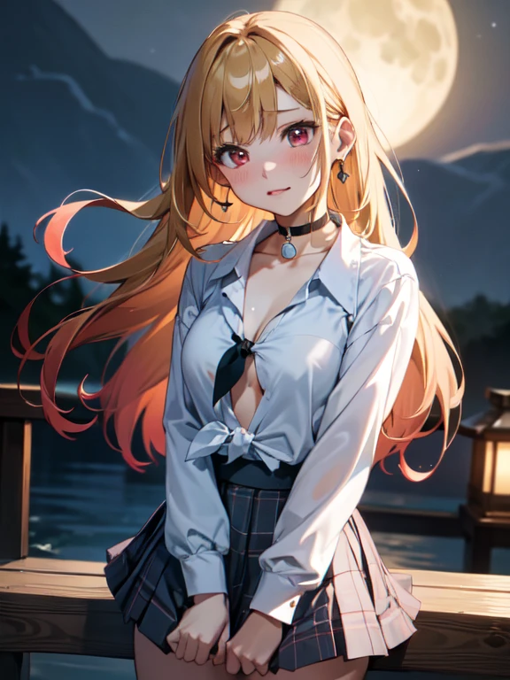 master piece,best quality,ultra detailed,8k, ambient light,realistic skin,glossy skin, (kitagawa marin, 1girl, blonde hair, long hair, multicolored hair, red eyes, jewelry, earrings, piercing, , white shirt, tied shirt, black choker, plaid skirt)、(sitting、squating、looking down、look at the viewer、from below)、(the body is very wet:1.3)、My clothes are transparent and I can see my underwear、(shirt is unbuttoned:1.3)、constriction、(delicate body:1.3)、small bust、emphasizing the cleavage:1.3、 glossy lips、Slightly emphasize the lower lip、blush、embarrassed expression、 fantastic night sky、full moon、aurora、horizon、open-air bath、Japanese inn、Castle、futon