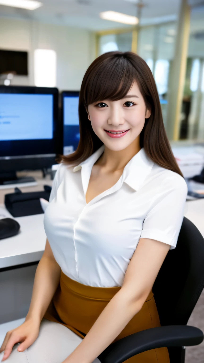 1 Japanese female,shiny hair、classy smile、Jacket、white collared short sleeve blouse、swelling of the chest、beautiful bust、Tight Skirt、black hair、pumps,highest quality,Very delicate and beautiful 8K,very high resolution,,beautiful detailed girl,realistic、Inside the office、desk、sitting in a chair、beautiful figure、