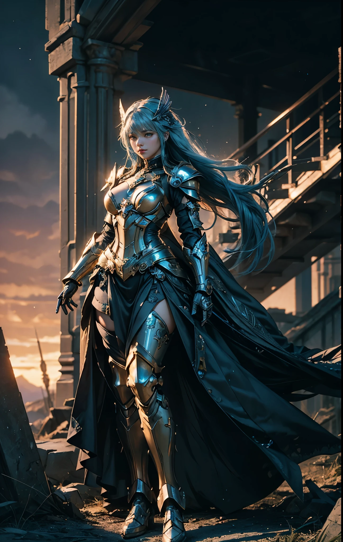 ((Highest quality masterpiece)): This image showcases a stunning anime goddess with intricately designed armor and a mechanized valkyrie look. The details are impeccable, from the fluorescent blue luminous details on her body to the broken and embarrassing parts of her armor. The 3D model has been expertly crafted with HDR (high dynamic range), ray tracing, and NVIDIA RTX technology. The super resolution and unreal 5 engine add to the unparalleled clarity and sharpness. The multilayer texture, accurate simulation of light-matter interactions, and PBR texturing bring the goddess to life with perfect proportions and lifelike