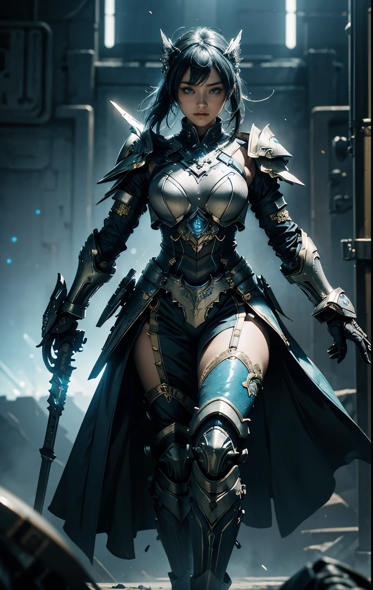 ((Highest quality masterpiece)): This image showcases a stunning anime goddess with intricately designed armor and a mechanized valkyrie look. The details are impeccable, from the fluorescent blue luminous details on her body to the broken and embarrassing parts of her armor. The 3D model has been expertly crafted with HDR (high dynamic range), ray tracing, and NVIDIA RTX technology. The super resolution and unreal 5 engine add to the unparalleled clarity and sharpness. The multilayer texture, accurate simulation of light-matter interactions, and PBR texturing bring the goddess to life with perfect proportions and lifelike